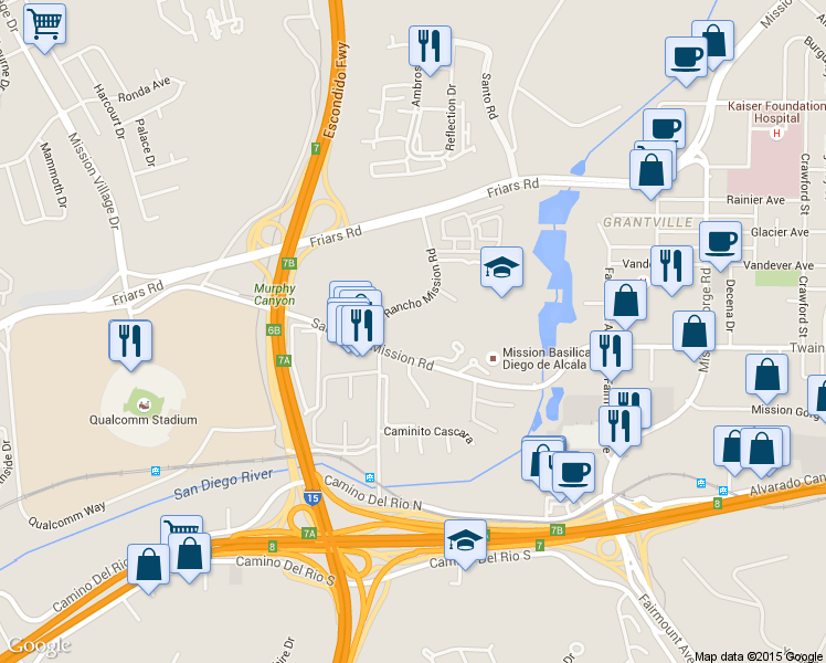 map of restaurants, bars, coffee shops, grocery stores, and more near 6191 Rancho Mission Road in San Diego