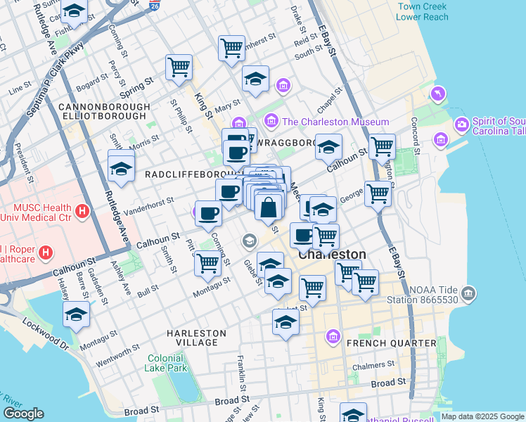map of restaurants, bars, coffee shops, grocery stores, and more near 145B Calhoun Street in Charleston