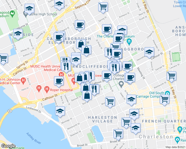 map of restaurants, bars, coffee shops, grocery stores, and more near 6 Murphy Court in Charleston
