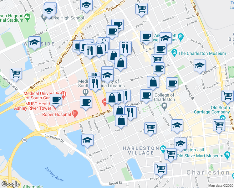 map of restaurants, bars, coffee shops, grocery stores, and more near 73 Vanderhorst Street in Charleston