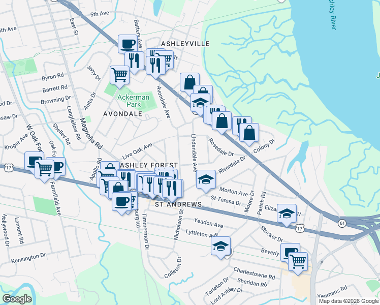 map of restaurants, bars, coffee shops, grocery stores, and more near 28 Avondale Avenue in Charleston