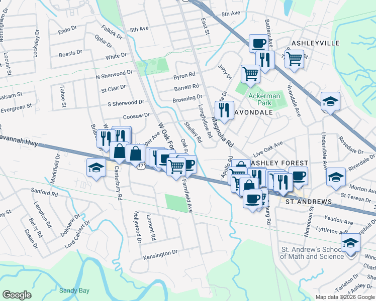 map of restaurants, bars, coffee shops, grocery stores, and more near 10 Oak Forest Drive in Charleston