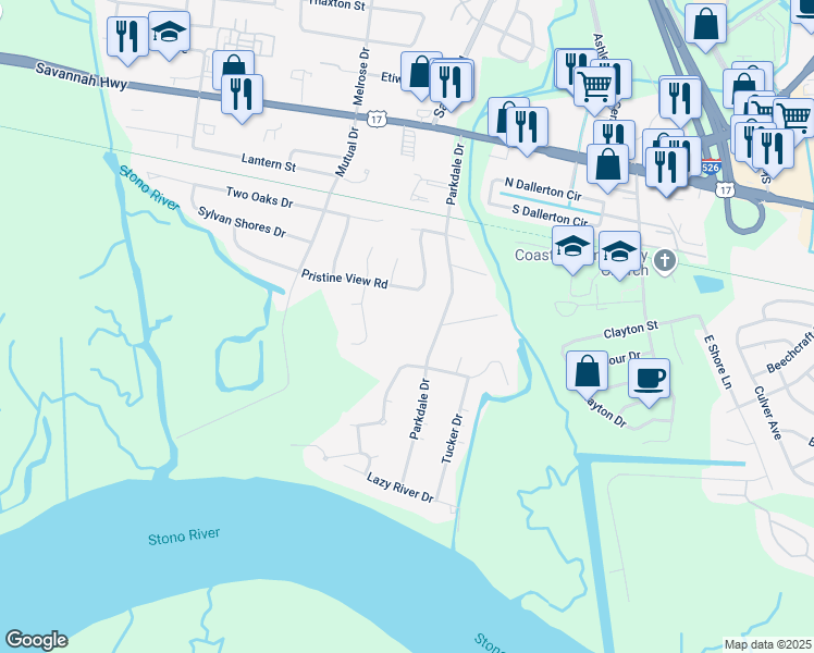 map of restaurants, bars, coffee shops, grocery stores, and more near 415 Parkdale Drive in Charleston
