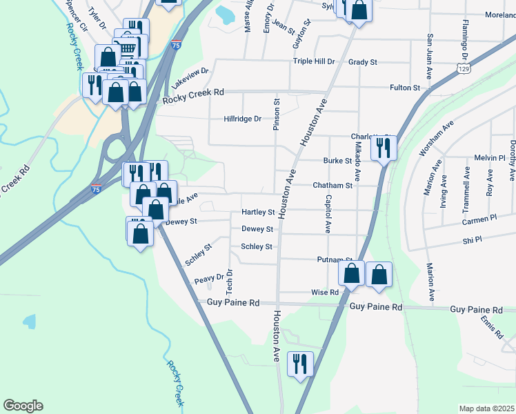 map of restaurants, bars, coffee shops, grocery stores, and more near 1189 Hartley Street in Macon