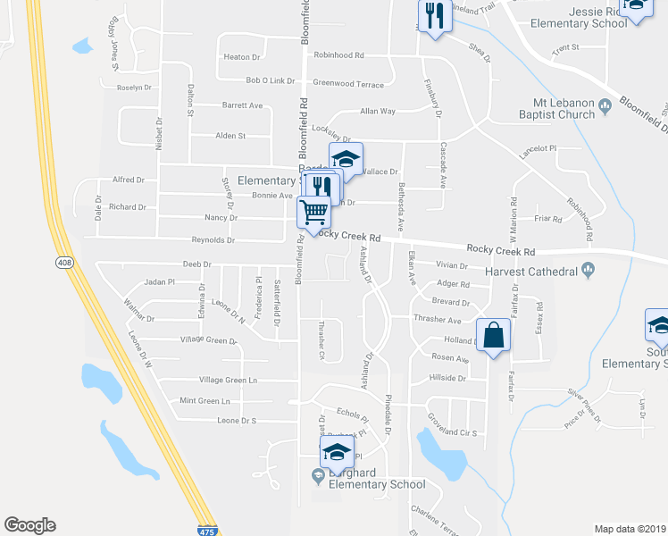 map of restaurants, bars, coffee shops, grocery stores, and more near 2560 Rocky Creek Road in Macon