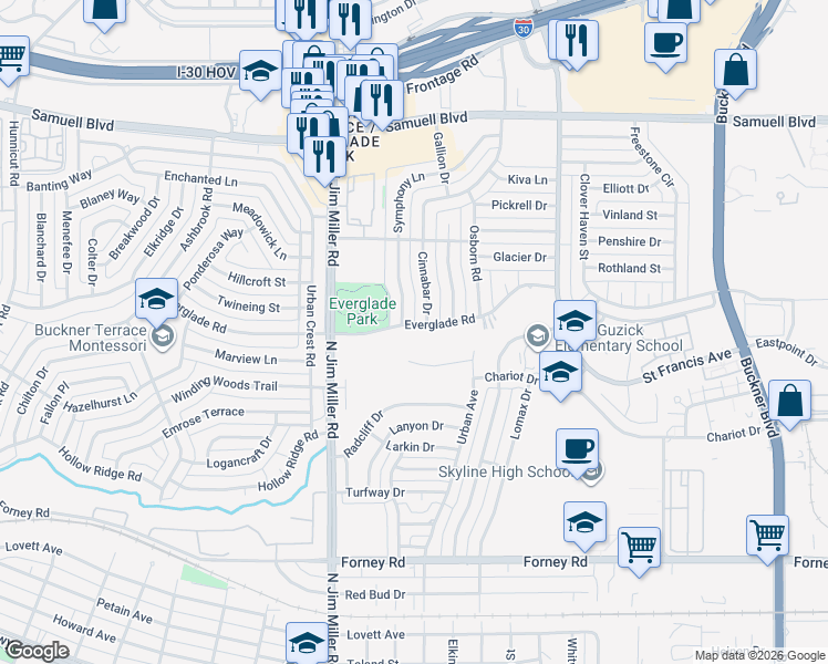 map of restaurants, bars, coffee shops, grocery stores, and more near 6128 Everglade Road in Dallas