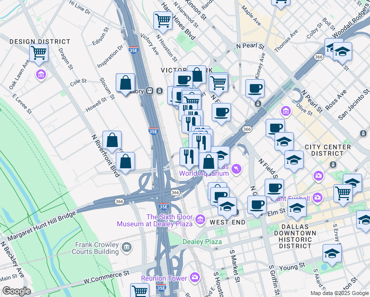 map of restaurants, bars, coffee shops, grocery stores, and more near 2427 North Houston Street in Dallas