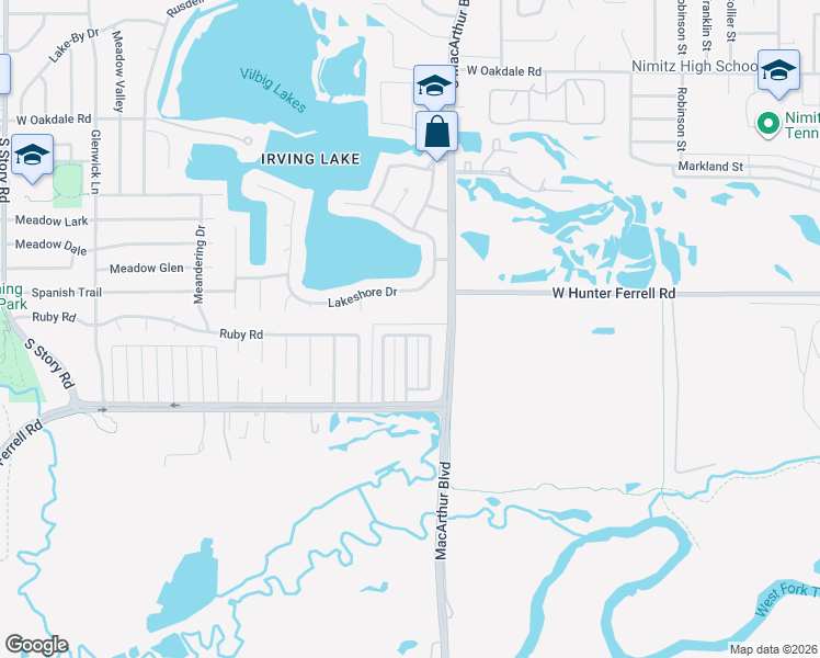 map of restaurants, bars, coffee shops, grocery stores, and more near 1301 White Lake Drive in Irving