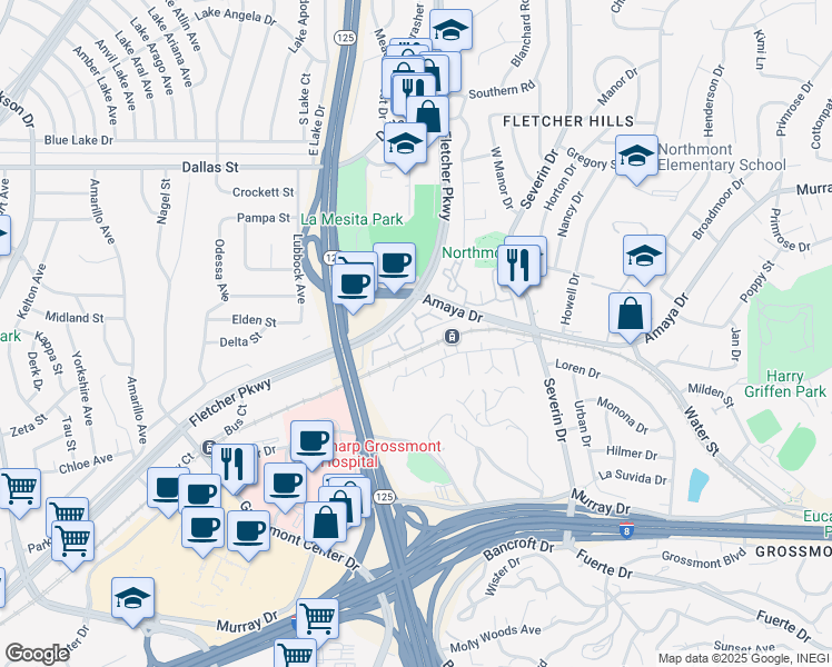 map of restaurants, bars, coffee shops, grocery stores, and more near 5679 Amaya Drive in La Mesa