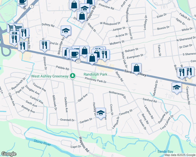map of restaurants, bars, coffee shops, grocery stores, and more near 1684 Pinckney Park Drive in Charleston