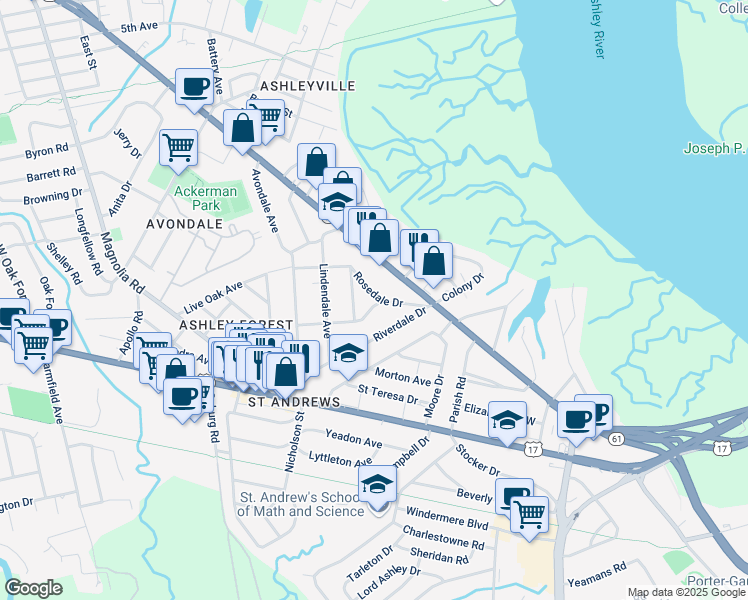 map of restaurants, bars, coffee shops, grocery stores, and more near 2 Ashdale Drive in Charleston