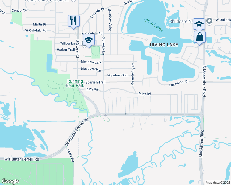 map of restaurants, bars, coffee shops, grocery stores, and more near 2205 Rita Court in Irving