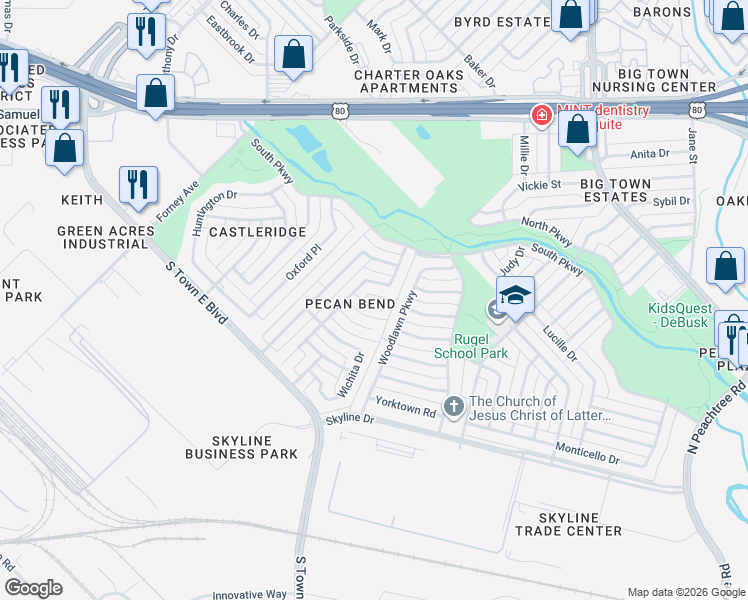 map of restaurants, bars, coffee shops, grocery stores, and more near 3213 Mahan Cir in Mesquite