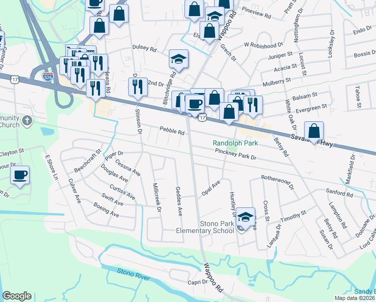 map of restaurants, bars, coffee shops, grocery stores, and more near 505 Wappoo Road in Charleston