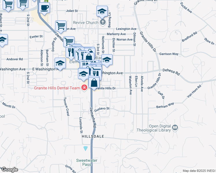 map of restaurants, bars, coffee shops, grocery stores, and more near 1540 Granite Hills Drive in El Cajon