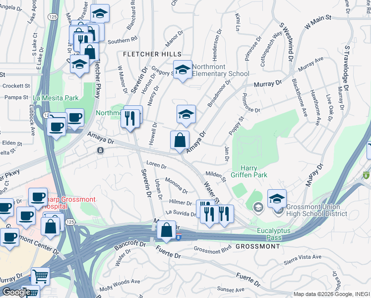 map of restaurants, bars, coffee shops, grocery stores, and more near 44 Amaya Drive in La Mesa