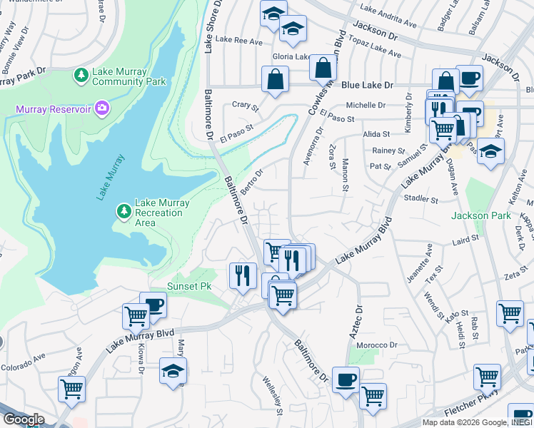 map of restaurants, bars, coffee shops, grocery stores, and more near 5715 Baltimore Drive in La Mesa