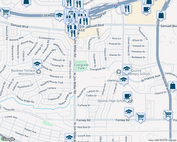 map of restaurants, bars, coffee shops, grocery stores, and more near 6128 Everglade Road in Dallas