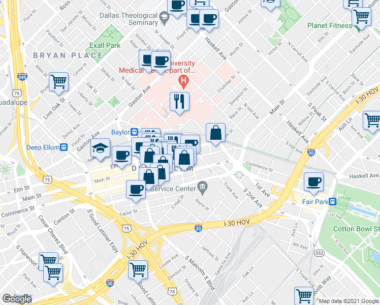 map of restaurants, bars, coffee shops, grocery stores, and more near 3270 Elm Street in Dallas