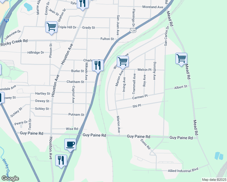 map of restaurants, bars, coffee shops, grocery stores, and more near 4315 Marion Avenue in Macon
