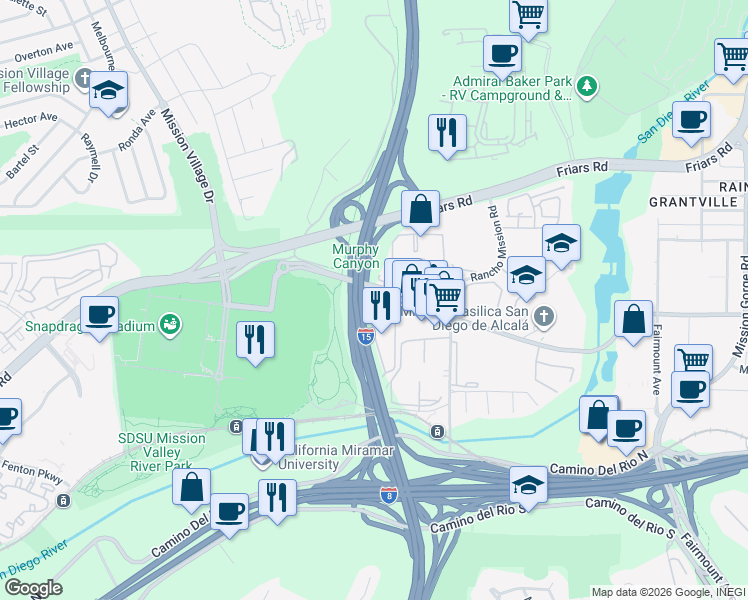 map of restaurants, bars, coffee shops, grocery stores, and more near 10303 San Diego Mission Road in San Diego