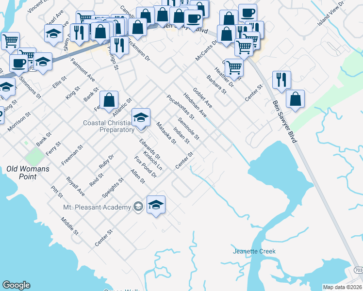 map of restaurants, bars, coffee shops, grocery stores, and more near 1486 Mataoka Street in Mount Pleasant