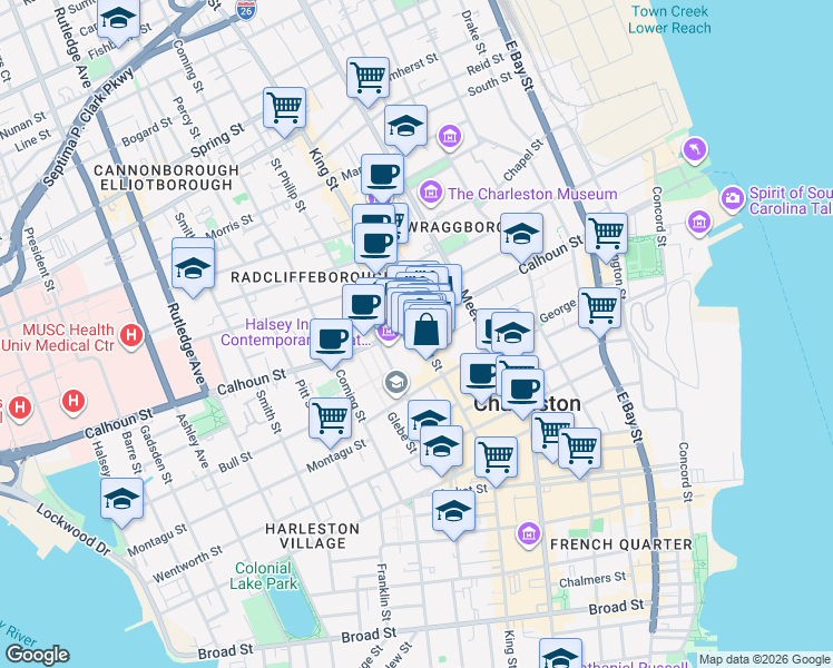 map of restaurants, bars, coffee shops, grocery stores, and more near 145B Calhoun Street in Charleston