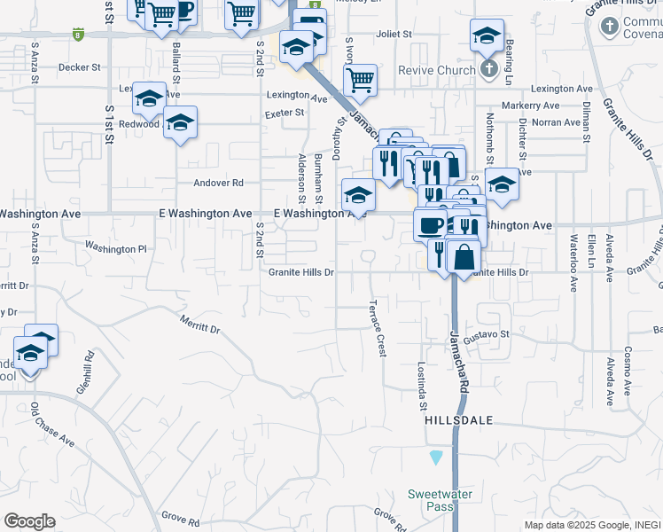 map of restaurants, bars, coffee shops, grocery stores, and more near 1348 Granite Hills Drive in El Cajon