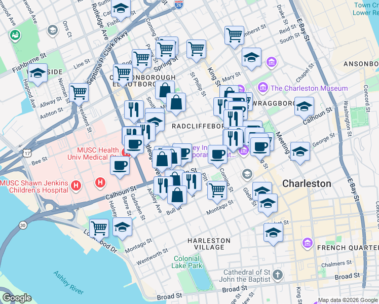 map of restaurants, bars, coffee shops, grocery stores, and more near 6 Murphy Court in Charleston