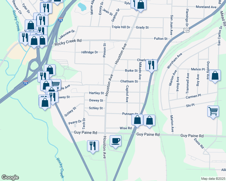 map of restaurants, bars, coffee shops, grocery stores, and more near 1085 Toombs Street in Macon