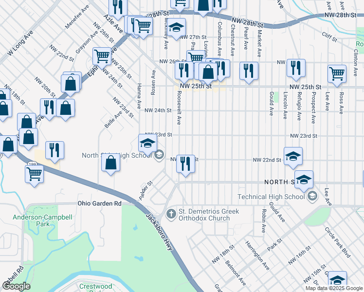 map of restaurants, bars, coffee shops, grocery stores, and more near 2212 Roosevelt Avenue in Fort Worth