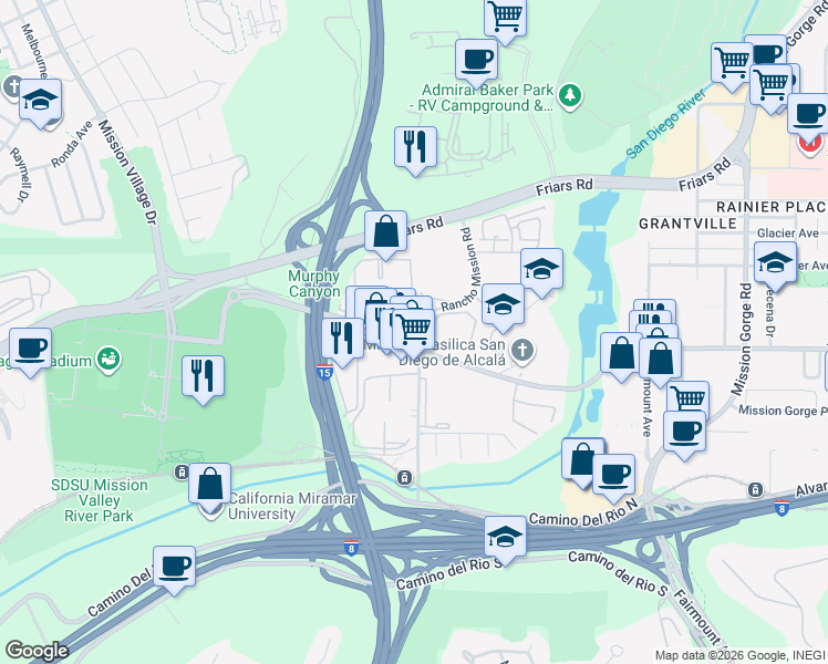 map of restaurants, bars, coffee shops, grocery stores, and more near 10472 San Diego Mission Road in San Diego