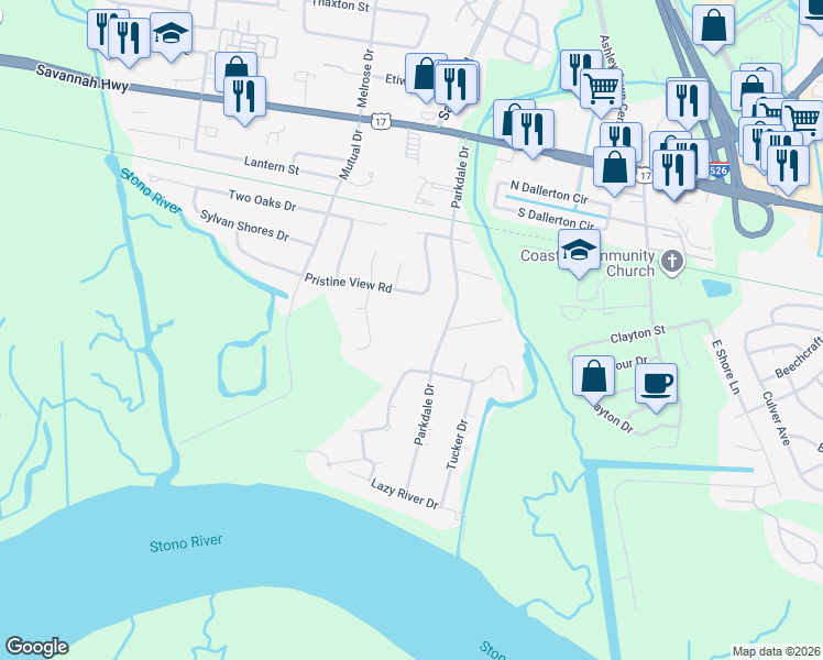 map of restaurants, bars, coffee shops, grocery stores, and more near 415 Parkdale Drive in Charleston