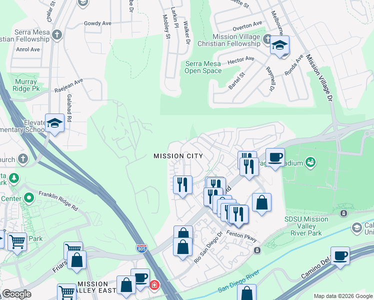 map of restaurants, bars, coffee shops, grocery stores, and more near 9240 Piantino Way in San Diego