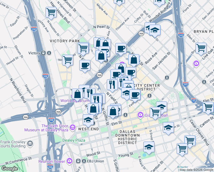 map of restaurants, bars, coffee shops, grocery stores, and more near 2012 North Field Street in Dallas