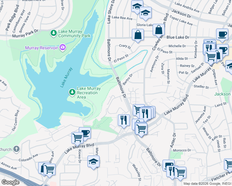 map of restaurants, bars, coffee shops, grocery stores, and more near 5710 Baltimore Drive in La Mesa