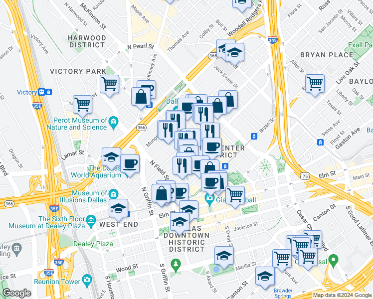 map of restaurants, bars, coffee shops, grocery stores, and more near 1707 Ross Avenue in Dallas