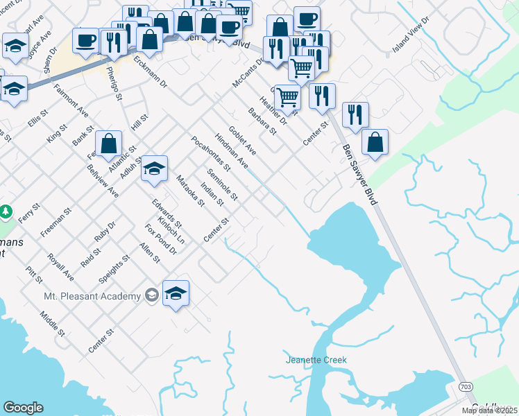 map of restaurants, bars, coffee shops, grocery stores, and more near 813 Marsh Grove Avenue in Mount Pleasant
