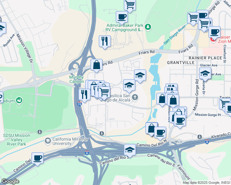 map of restaurants, bars, coffee shops, grocery stores, and more near 6111 Rancho Mission Road in San Diego