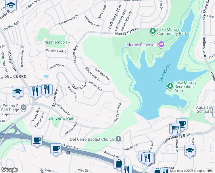 map of restaurants, bars, coffee shops, grocery stores, and more near 5806 Ridgemoor Drive in San Diego