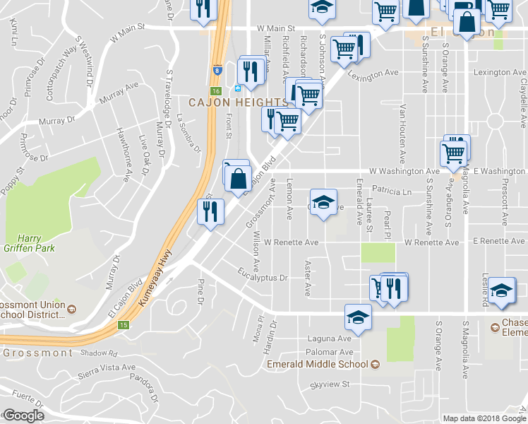 map of restaurants, bars, coffee shops, grocery stores, and more near 793 Grossmont Avenue in El Cajon