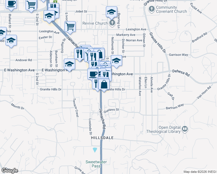 map of restaurants, bars, coffee shops, grocery stores, and more near 1508 Granite Hills Drive in El Cajon