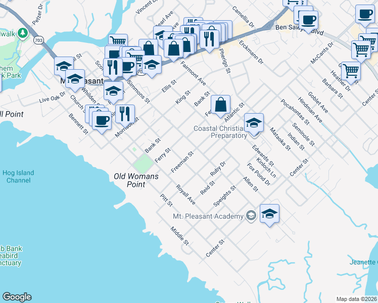 map of restaurants, bars, coffee shops, grocery stores, and more near 216 Freeman Street in Mount Pleasant