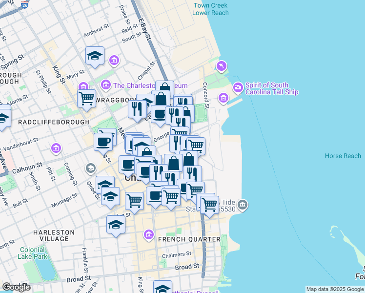 map of restaurants, bars, coffee shops, grocery stores, and more near 31 Laurens Street in Charleston