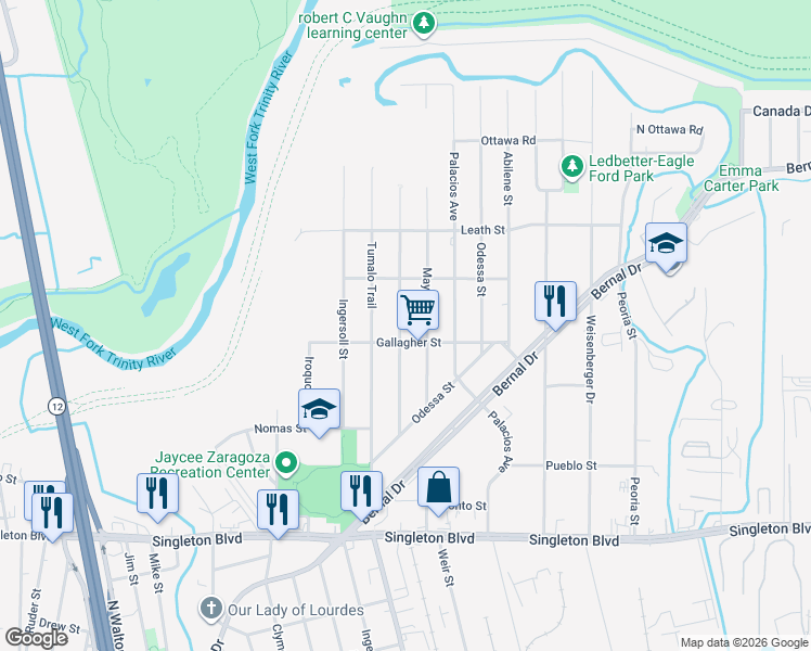 map of restaurants, bars, coffee shops, grocery stores, and more near 3514 Harlingen Street in Dallas
