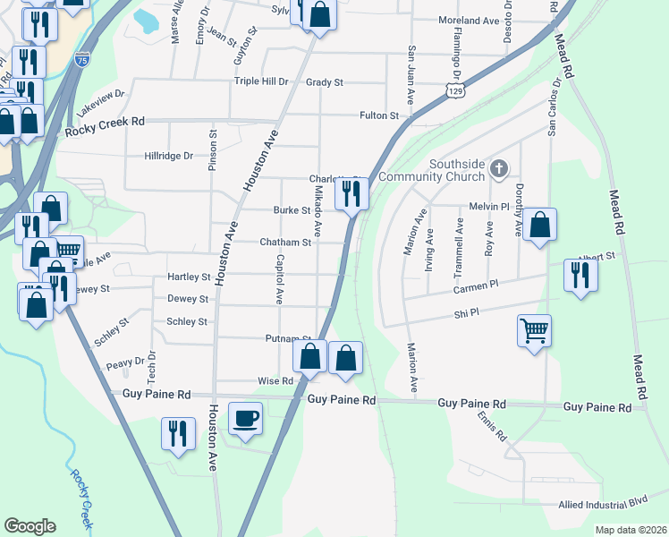 map of restaurants, bars, coffee shops, grocery stores, and more near 815 Toombs St in Macon