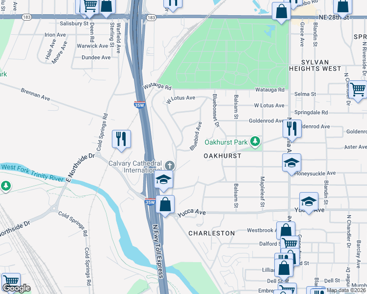 map of restaurants, bars, coffee shops, grocery stores, and more near 1901 Bluebird Avenue in Fort Worth