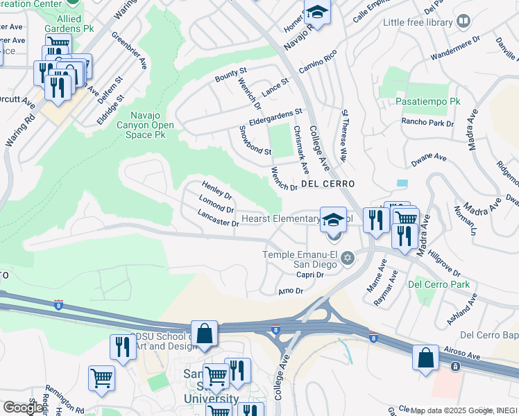 map of restaurants, bars, coffee shops, grocery stores, and more near 6042 Lomond Drive in San Diego