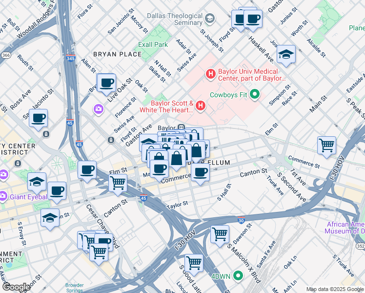map of restaurants, bars, coffee shops, grocery stores, and more near 2913 Indiana Street in Dallas