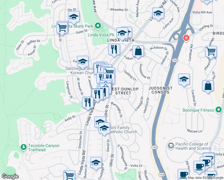 map of restaurants, bars, coffee shops, grocery stores, and more near Ulric Street & Dunlop Street in San Diego